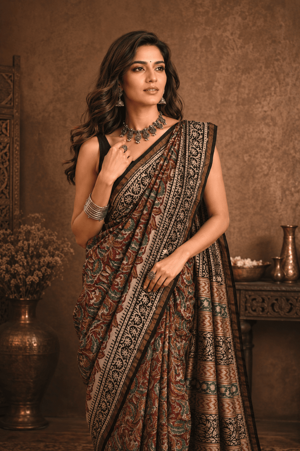 Earthy Rust and Olive Hand Block Printed Chanderi Silk Saree with Traditional Artisan Border by Suti India