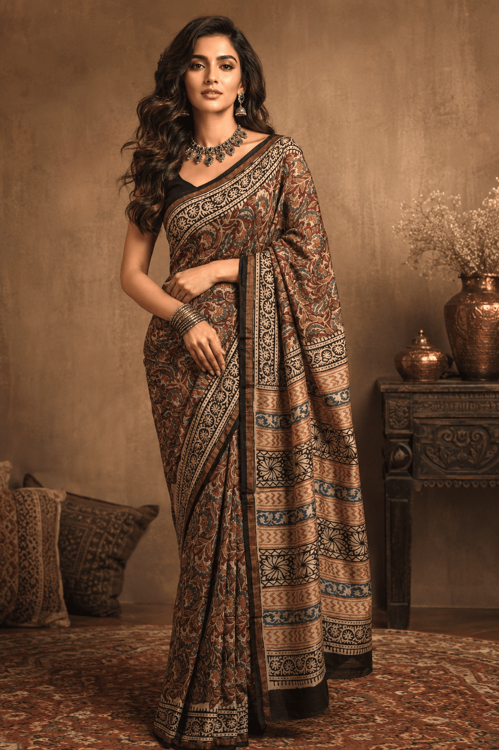 Earthy Rust and Olive Hand Block Printed Chanderi Silk Saree with Traditional Artisan Border by Suti India