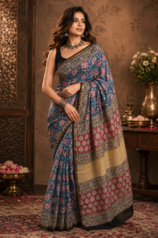 Royal Blue Hand Block Printed Chanderi Silk Saree with Floral Motifs and Traditional Border by Suti India