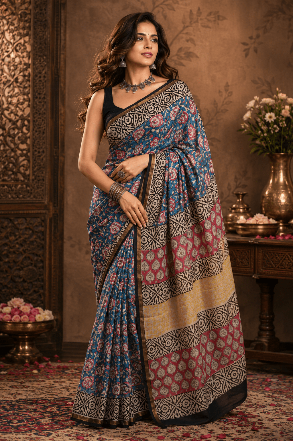 Royal Blue Hand Block Printed Chanderi Silk Saree with Floral Motifs and Traditional Border by Suti India